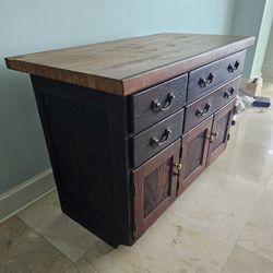Vintage Oak 3-Bay Apothecary Cabinet Low Credenza