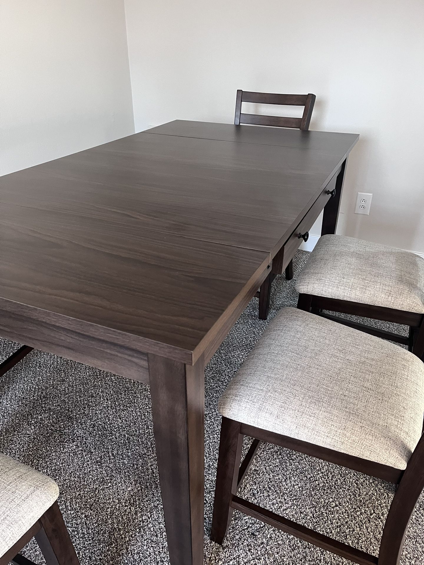 4seats Of Chair With One Bench Dining Table   It’s new,No scratches , no spots Only two month used. Moving out to other place it’s way too much big