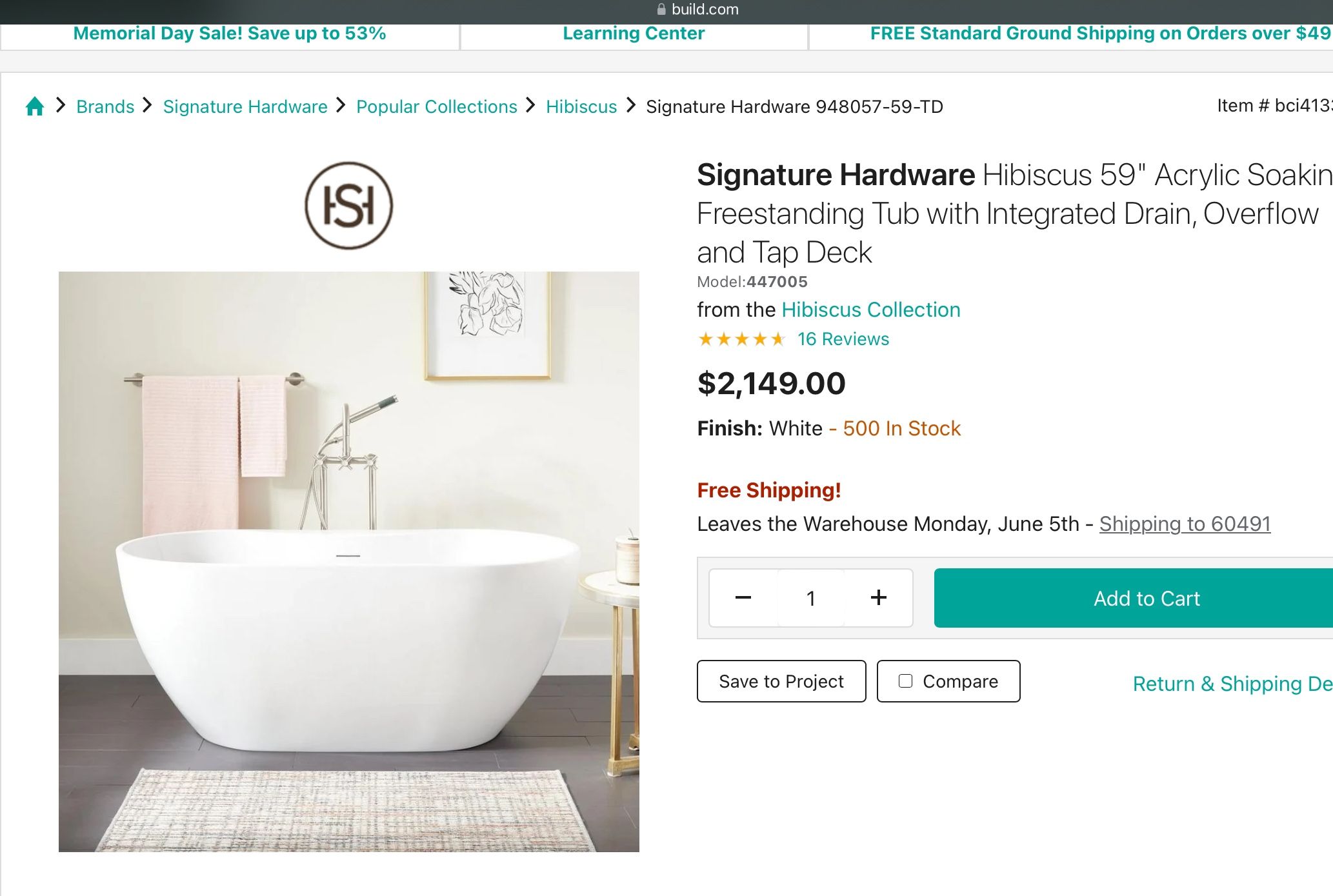 Signature Hardware Hibiscus 59" Acrylic Soaking Freestanding Tub with Integrated Drain With Overflow