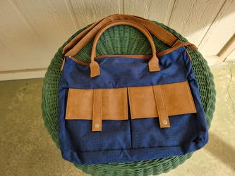 Blue Canvas Tote Bag with Tan Leather Trim