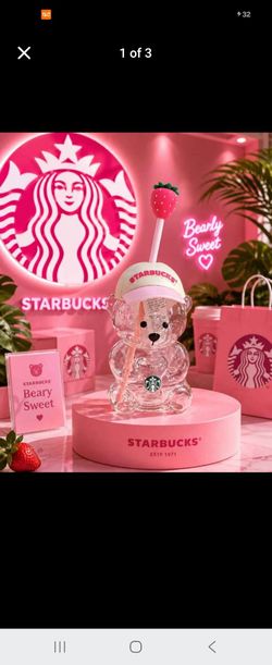 Starbucks Bear Glass Cup with Strawberry Straw