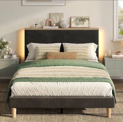 Y206-Queen Bed Frame with Adjustable Headboard & LED Lighting, Corduroy Upholstered Platform Bed Frame with Storage Shelf, Solid Wood Slats, No Box Sp