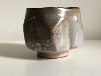 Handmade Ceramic Matcha Bowl Wabi-Sabi Faceted Stoneware Chawan Studio Pottery Unsigned Art Tea Bowl