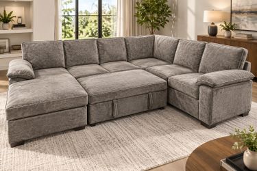 7-Seater Modular Sectional Sleeper Sofa – Gray | Pull-Out Bed & Storage