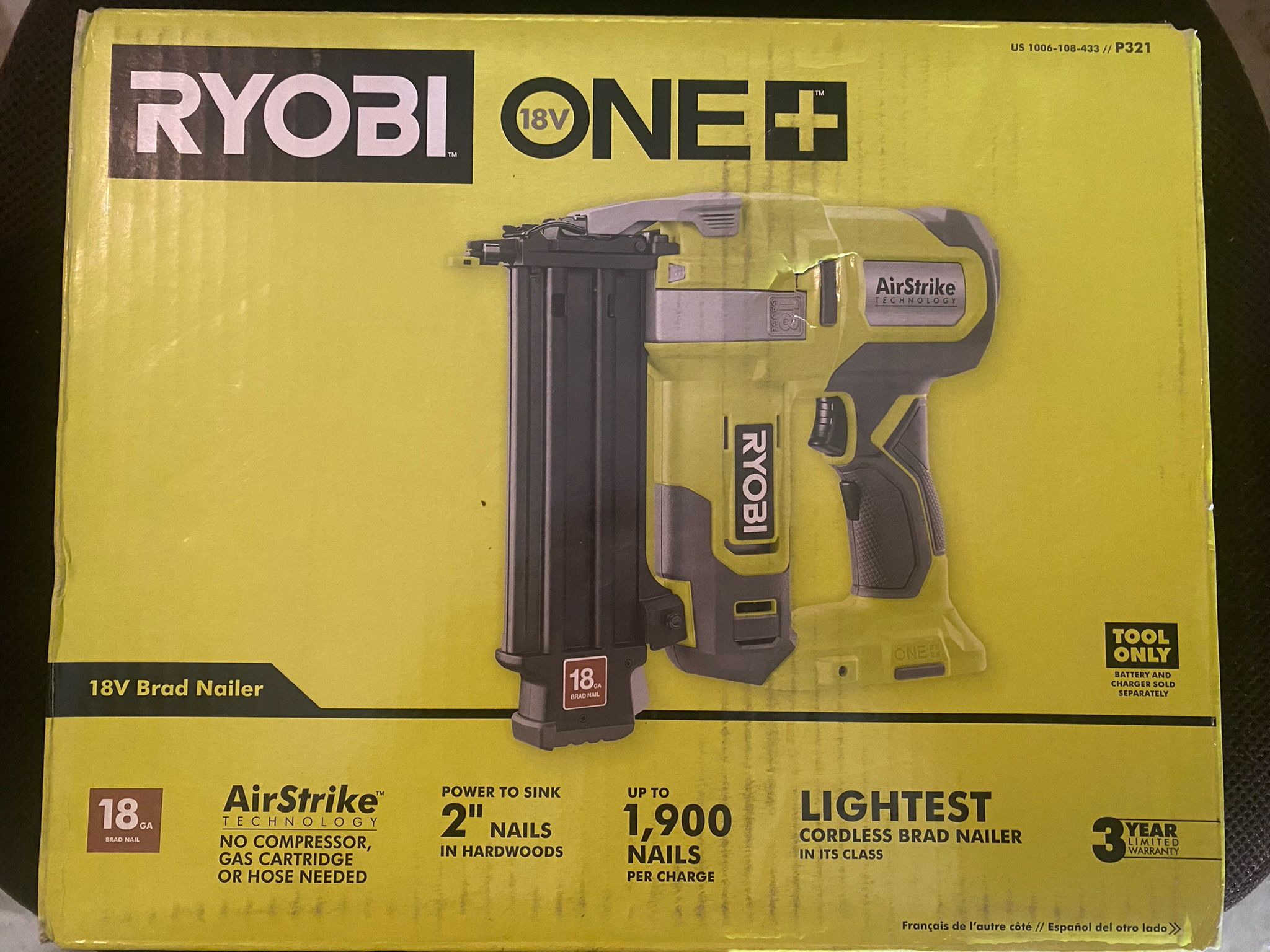 RYOBI ONE+ 18V 18 Gauge Cordless AirStrike Brad Nailer (Tool Only)