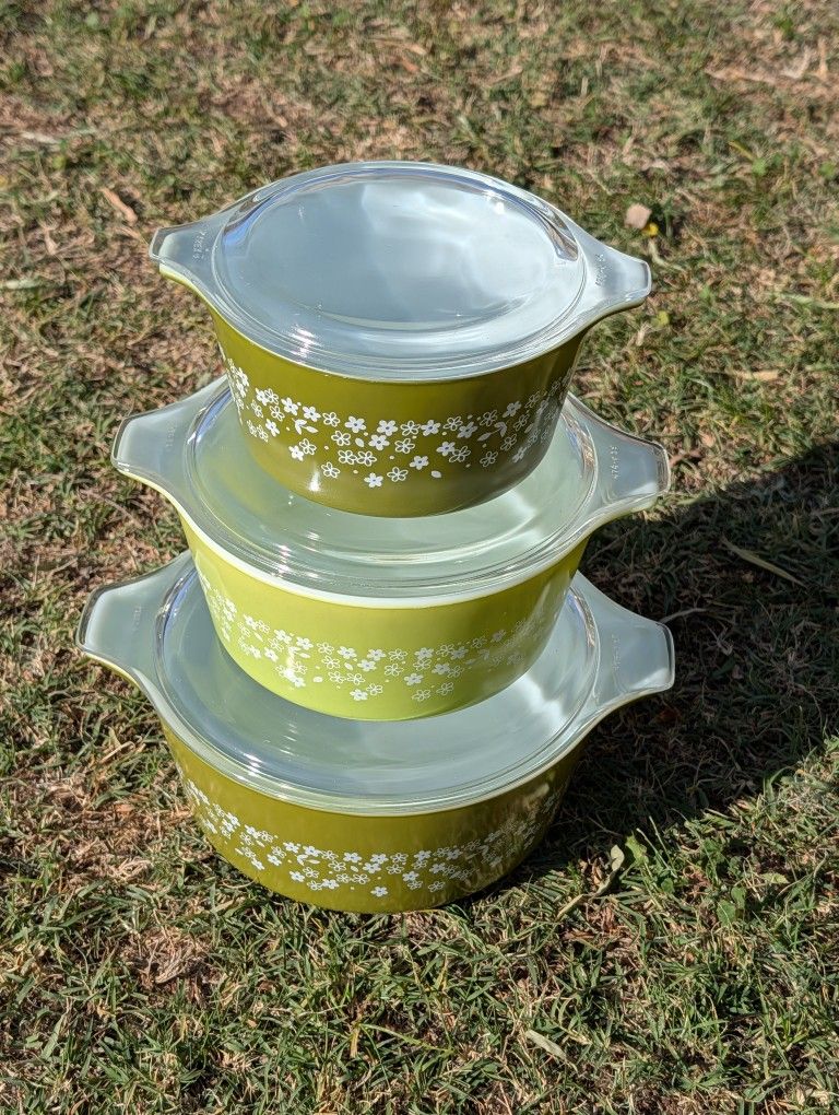 Vintage Pyrex Spring Blossom Green Crazy Daisy Set (473/474/475) No Chips