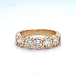 14K Yellow Gold Natural Diamond Five Stone Half Band Ring | Round 1.00 TCW, G-H VVS2-VS1, Size 5
