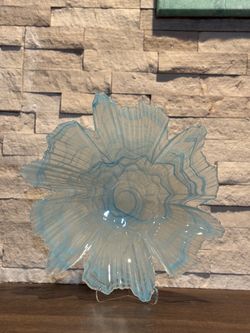 Blue Art Glass Snowflake Bowl Murano Style Centerpiece Coastal Decor Dish   12”