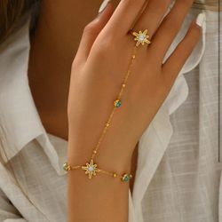 1pc Fashionable Stainless Steel Connected Finger Ring & Bracelet With Radiant White Shell & Turquoise Stone Decor For Women, High-End & Versatile, Ide