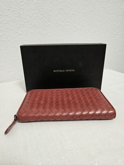 Authentic Bottega Veneta Intrecciato Leather Zip-Around Wallet - Burgundy (W/ Box