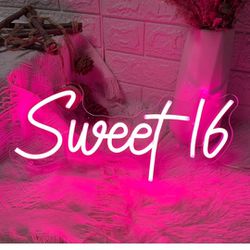 Neon Sign Sweet 16,Dimmable Neon Lights for Sweet 16th Birthday party Gift,Light Up Signs For Wall Decor(17inch, Pink)