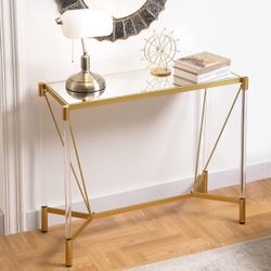 Modern Gold Console Table - Small Acrylic Entryway Table with Mirrored Tabletop and Clear Acrylic Table Legs, Narrow Skinny Sofa Table for Living Room