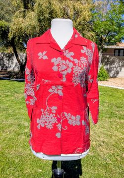 Vintage Women's Petite XL Red Floral Motif Button-Up L/S Shirt w/Pockets Top EUC