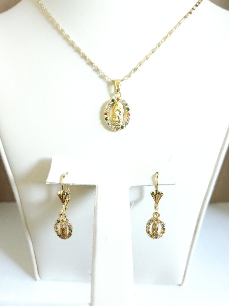 Virgen de Guadalupe Charm necklace chain earrings set gold plated