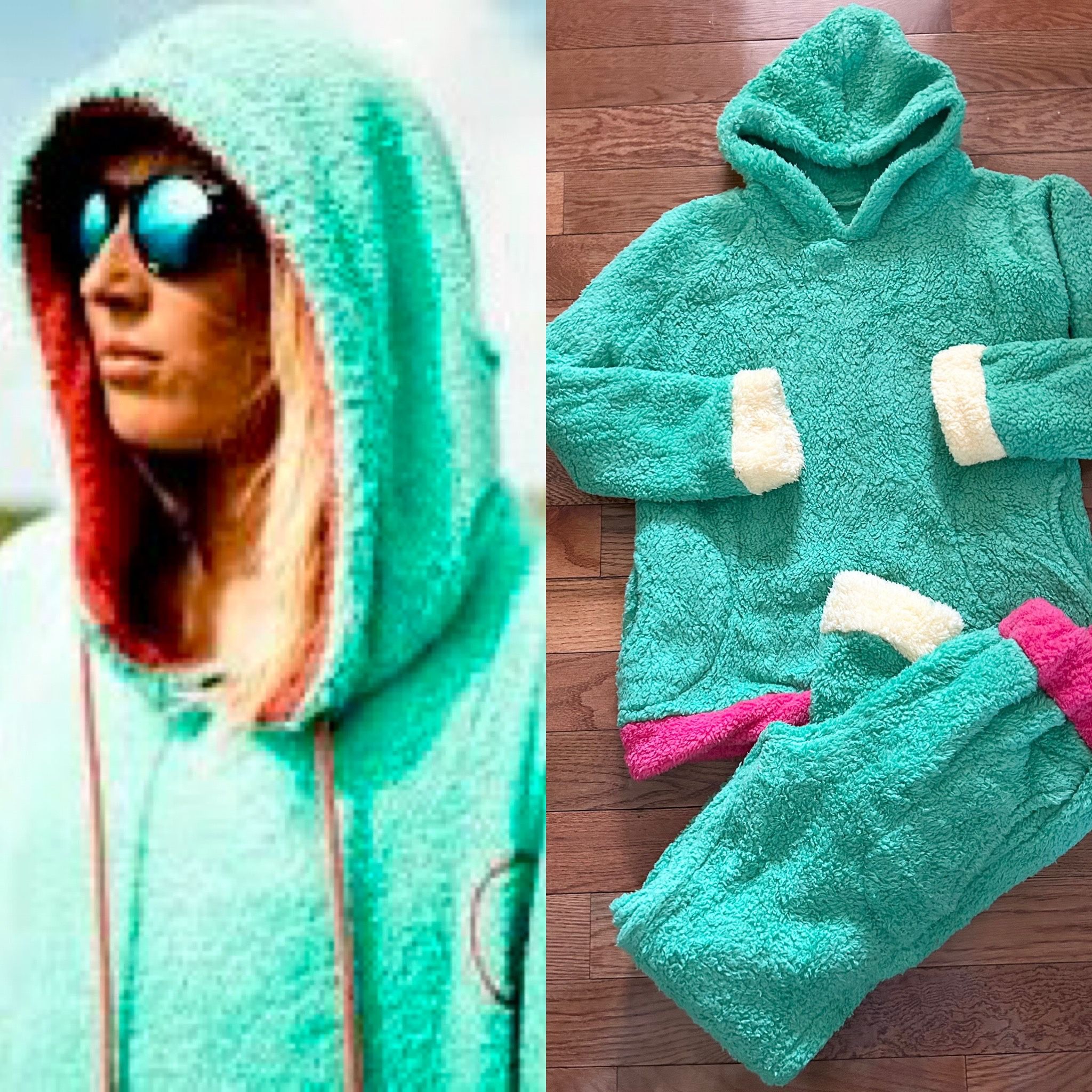 Vtg 80s teal sherpa NWOT fleece lounge set with pink and white accents.size M