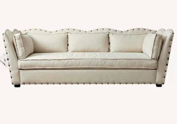 Title: Pristine Ethan Allen Custom Scalloped Linen Sofa - Nailhead Trim (Mint Condition)