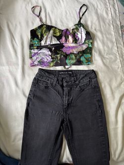Floral Crop Top size s and Gray Jeans Bundle