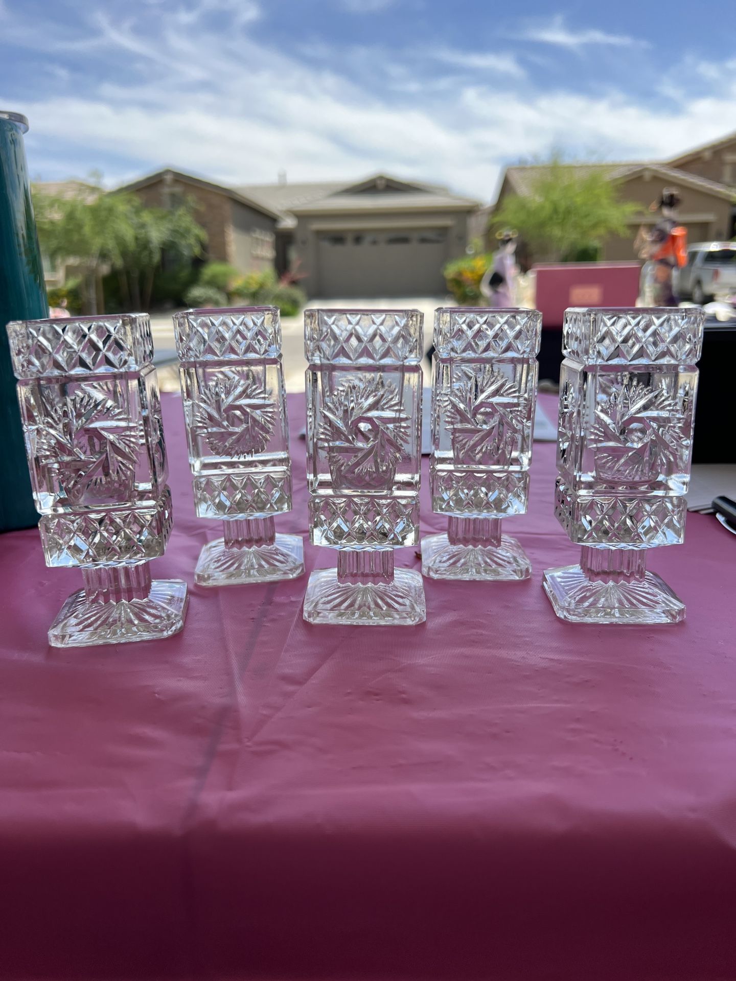 Set Of VINTAGE 5 Bohemian Shot Glasses Pinwheel Crystal Made In Czechoslovakia