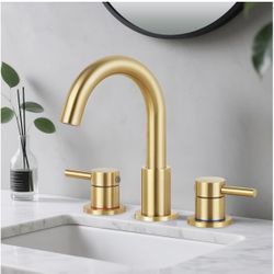 Bathroom Faucet 3 Hole Brushed Gold, 2-Handle Widespread Faucet Lead-free stainless steel, pop-up drain, Detachable faucet aerator, 360°swivel, for RV