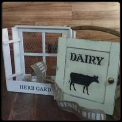 X2 VINTAGE FARMHOUSE FARM MILK COW WOOD METAL HERB GARDEN PLANTER SHELF STORAGE CONTAINER PICTURE ART DECOR