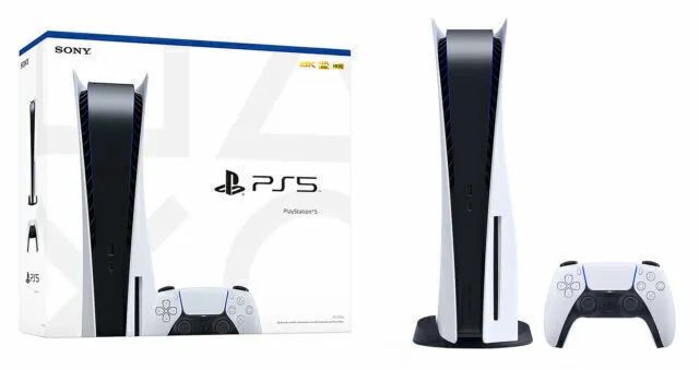 Playstation 5 with two controllers.
