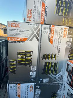 p HDX
4 Tier Plastic Shelving Tote Stacker with Casters in Black (24.8 in. W x 78.1 in. H x 29.6 in. D