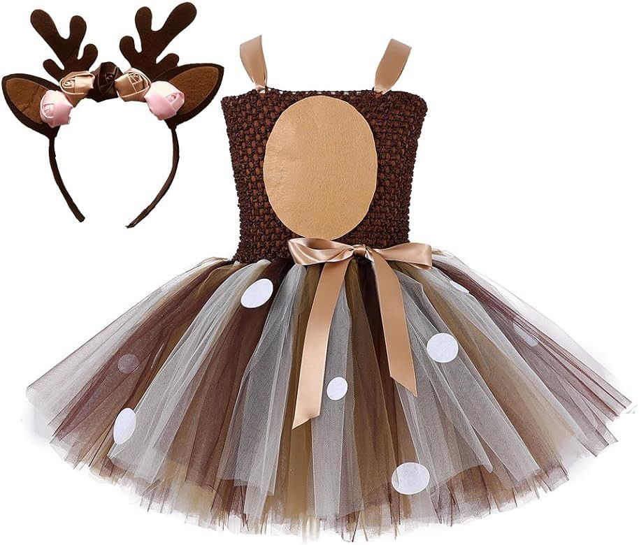 Tutu Dreams Animal Costumes for Kids Girls 1-10Y Reindeer Giraffe Tiger with Headband Halloween Dress Up Clothes
