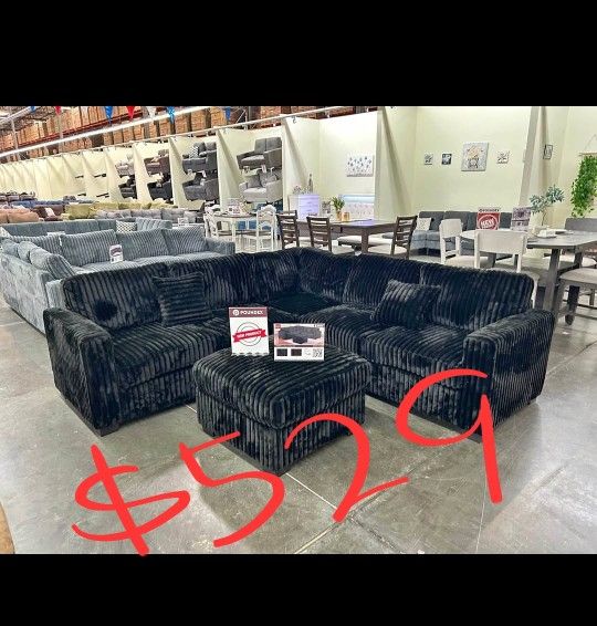 Black Jumbo Corduroy Sectional Sofa With Ottoman 99x99 "