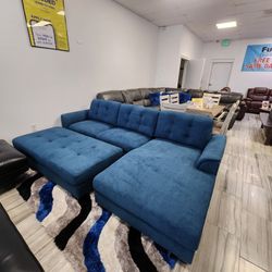 *Labor Day Now*---Biscayne Vibrant Blue Fabric Sectional Sofa W/Ottoman---Delivery And Easy Financing Available