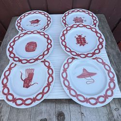 Set of 6 Asian Inspired Patrick Frey Dinner Plates 10.5"D Nicobar Red