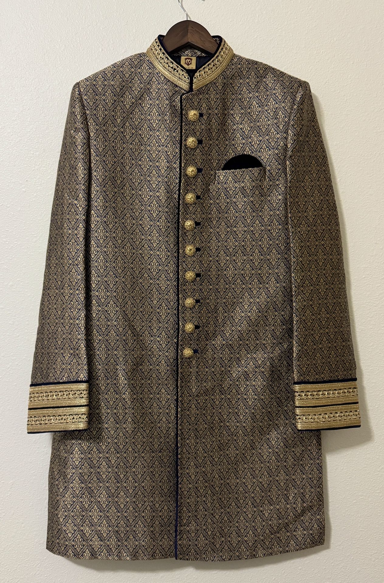 Manyavar Men's Gold & Blue Jacquard Traditional Groom Sherwani Size 95cm M 38
