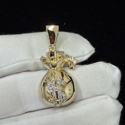 14K Yellow Gold Natural Diamond Money Bag Pendant 