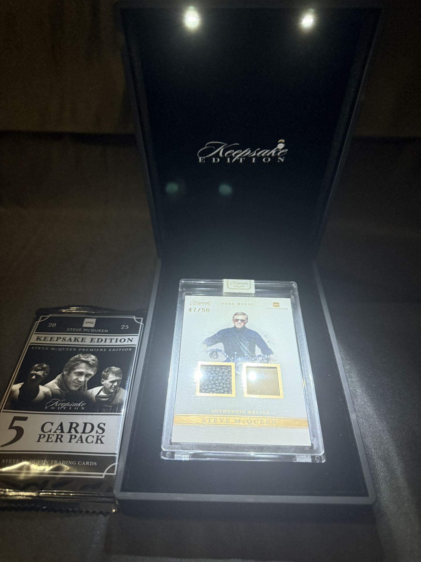 STEVE MCQUEEN KEEPSAKE PREMIERE COLLECTION BOX. Authentic Relic /50 Light up display box. Unopened 5 card pack. 