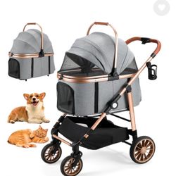Foldable 4 Wheels Pet Stroller for Small/Medium Dogs Cats up to 55lbs, 3-in-1 Dog Stroller, Detachable Carrier and One-Click Folding Design, Travel Pu