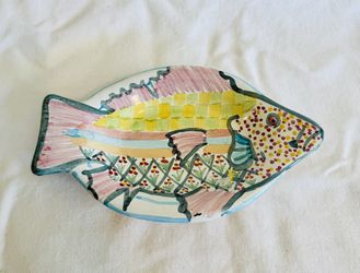 Mackenzie Childs Fish Story Plate Trinket Dish Pastel Art Pottery 7.5"