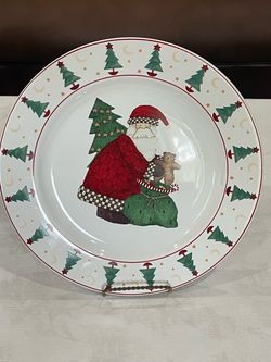1990s Sakura Magic of Santa ceramic chop plate by Debbie Mumm. 12.25”