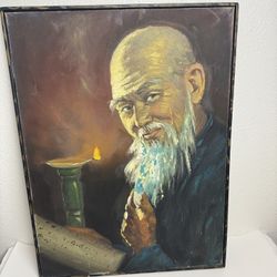 VTG Oil Painting Canvas Portrait Asian Man