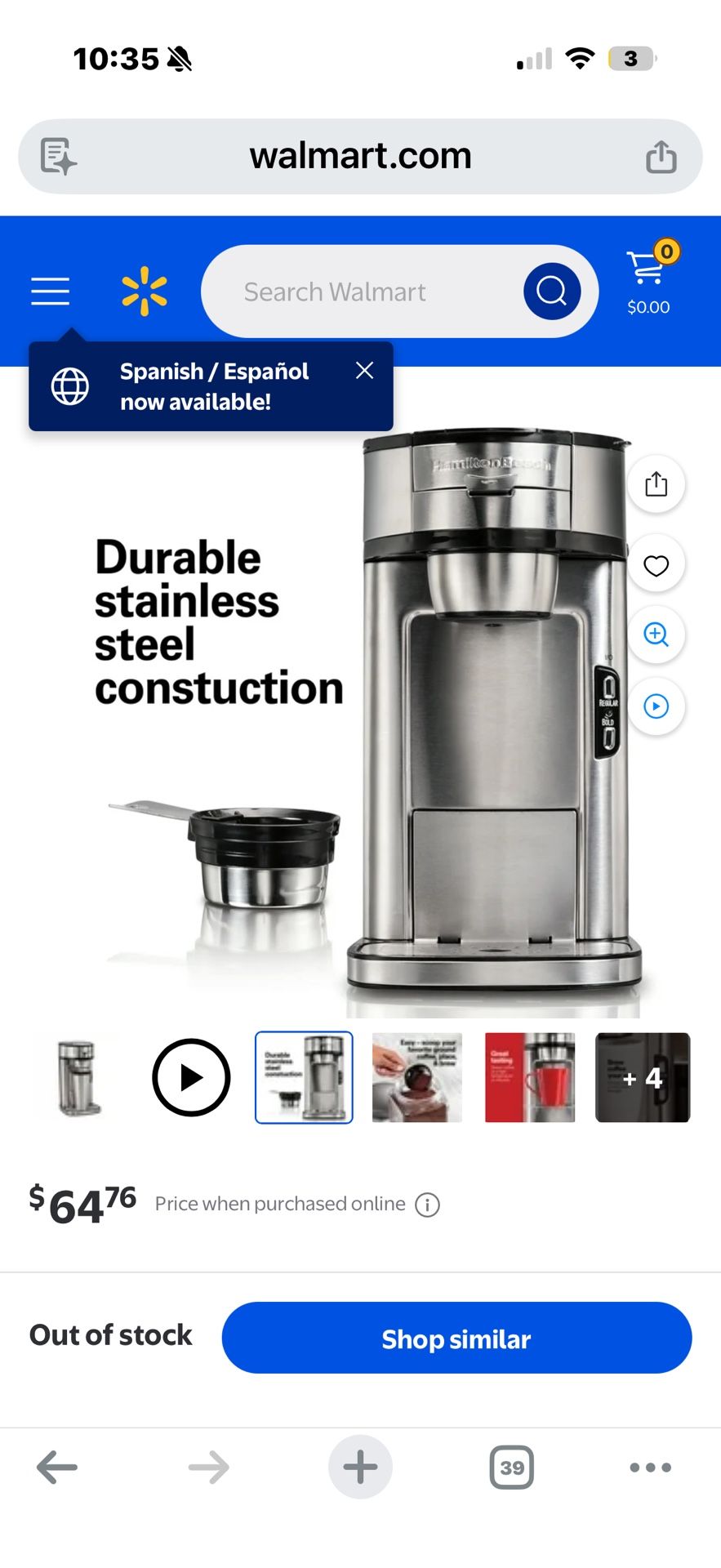 Hamilton Beach The Scoop Single-Serve Coffee Maker, 14 oz., Stainless Steel, Model 47550