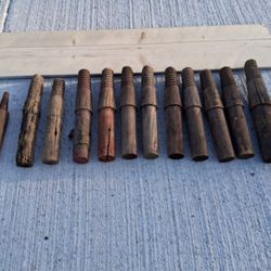 TWELVE (x12) ANTIQUE GLASS INSULATOR MOUNTS PEGS WOOD THREADED TELEPHONE / TELEGRAPH POSTS...asking $60.00