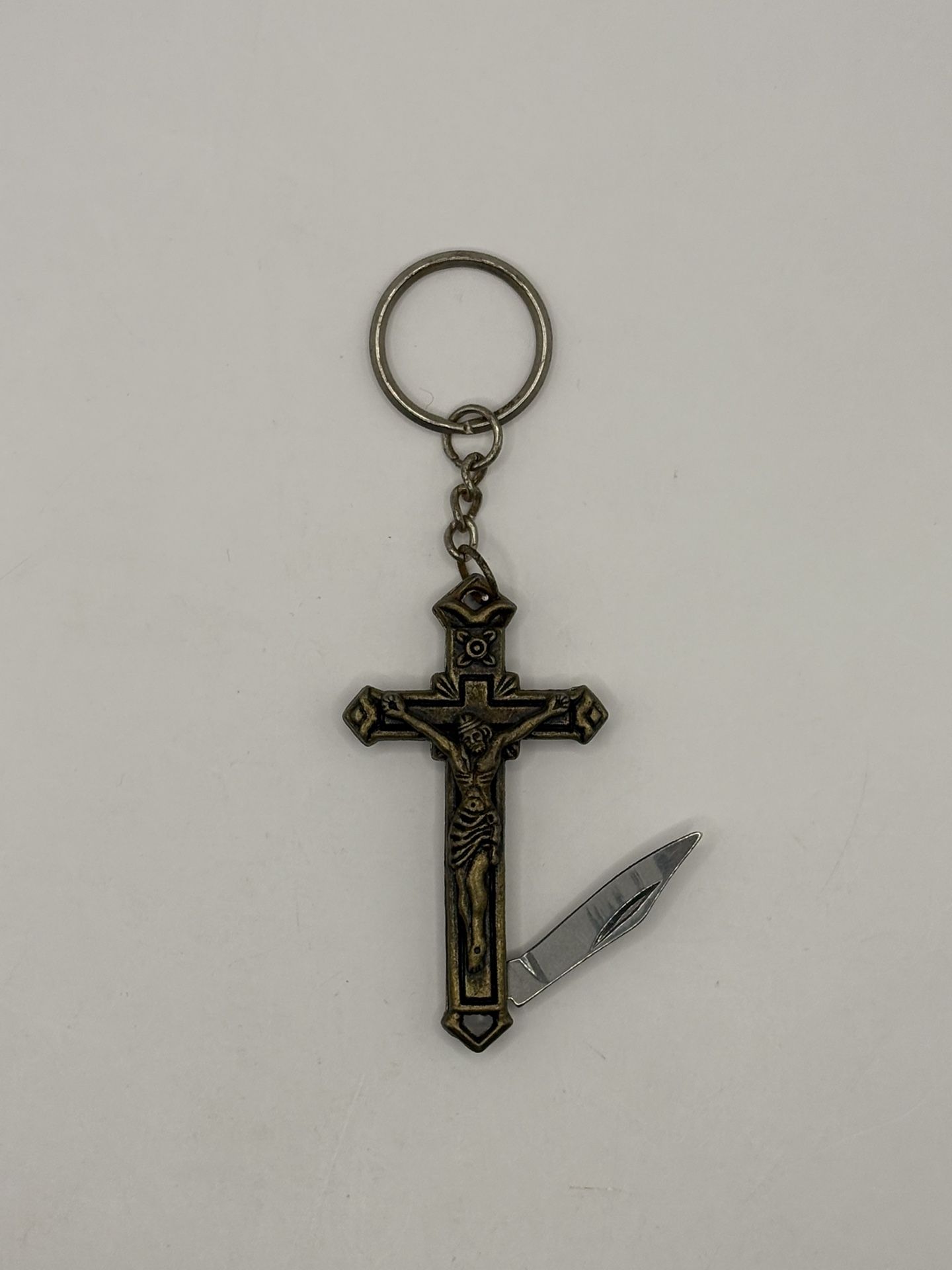 Vintage Crucifix Folding Knife Keychain – Religious Pocket Souvenir – Preowned
