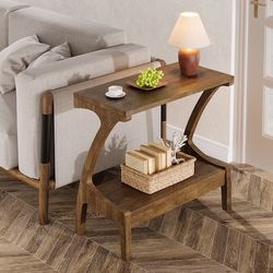 Tribesigns Solid Wood Side Tabl e 2 Tier Narrow Sof a Tabl e Bedside Tab le for Living Room Bed room Small Spaces Easy Assembly