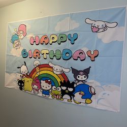 Cute Cat and Friends Birthday Party Supplies, Happy Birthday Backdrop for Themed Parties, 5x3ft Happy Birthday Banner for Girls Boys Birthday Party De