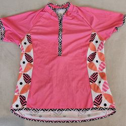 SHE BEEST Large Womens Short Sleeve Pink Cycling Shirt With Back Pocket