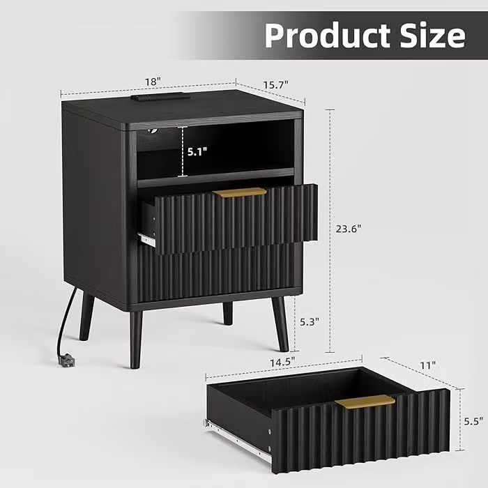 🥨Nightstand with Charging Station, 2 Drawer Bedside Table, 18" Modern Wood Side Table with Storage, End Table for Bedroom, Curved Profile Black