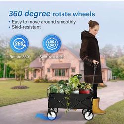 Rolling Folding & Rolling Collapsible Garden Cart, Outdoor Camping Wagon Utility with 360 Degree Swivel Wheels & Adjustable Handle, Black 220lbs Weigh