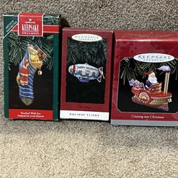 MHALLMARK ORNAMENT lot of 3  Tin Blimp Stocking Santa Crusin into Christmas