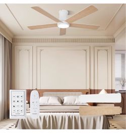 52 Inch Low Profile Ceiling Fan with Light and Remote,White Flush Mount Ceiling Fans with Lights, 6 Speeds Reversible Quiet DC, 3CCT Dimmable LED, Ind