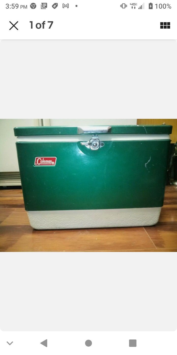 Vintage Green Coleman Metal Cooler 1970's w/ Bottle Openers and Metal Handles