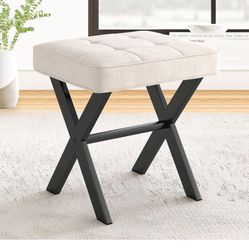 LUE BONA Ottoman Foot Stool Vanity Stool, Square Linen X-Leg Foot Rest Ottoman Makeup Stool, Small Stool Chair for Vanity, Modern Padded Vanity Seat