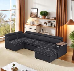 #396ABCD 113 inch Ultra-fine Fiber Segmented Sleeper Sofa with Pull-Out Bed, Recliner and Storage Ottoman Style Sofa. with Adjustable headrests and De